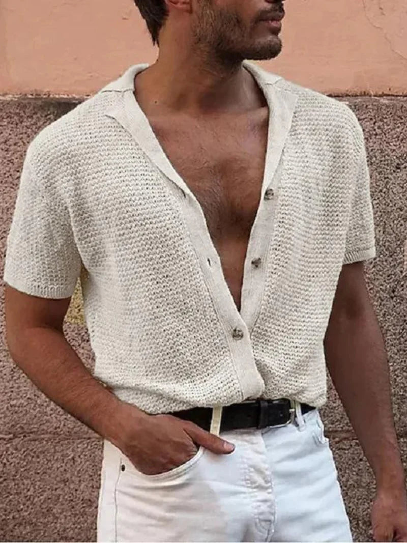 Men's Polo Top | Short Sleeve Knit Button Closure V-Neck