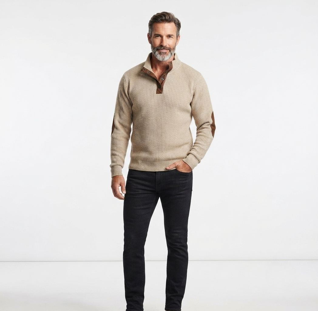 Men's Hoodie | Quarter-Button Ribbed Knit Elbow Patch