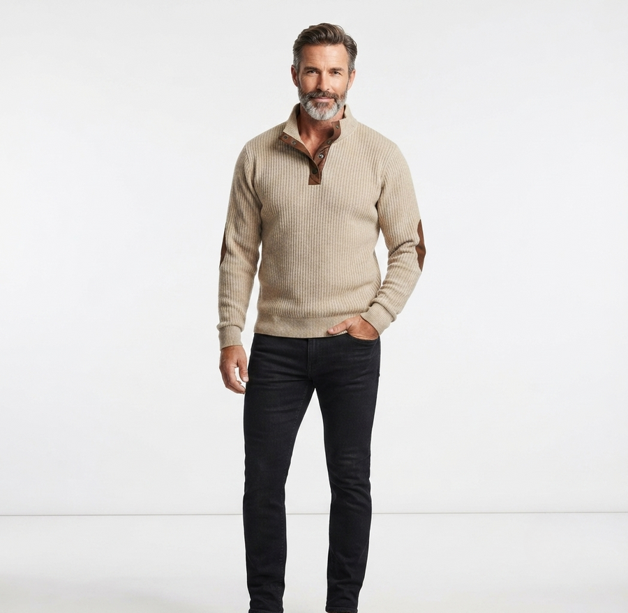 Men's Hoodie | Quarter-Button Ribbed Knit Elbow Patch