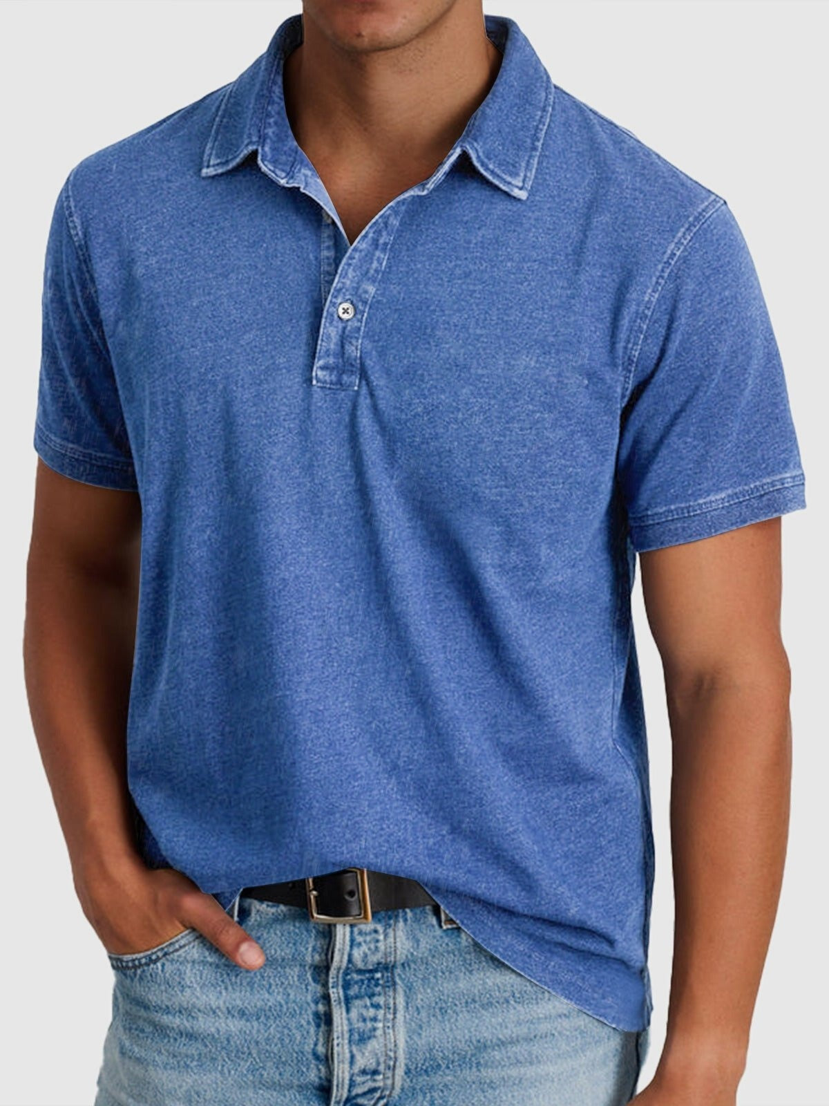 Men's Denim Shirt | Polo Collar Short Sleeve Button Closure