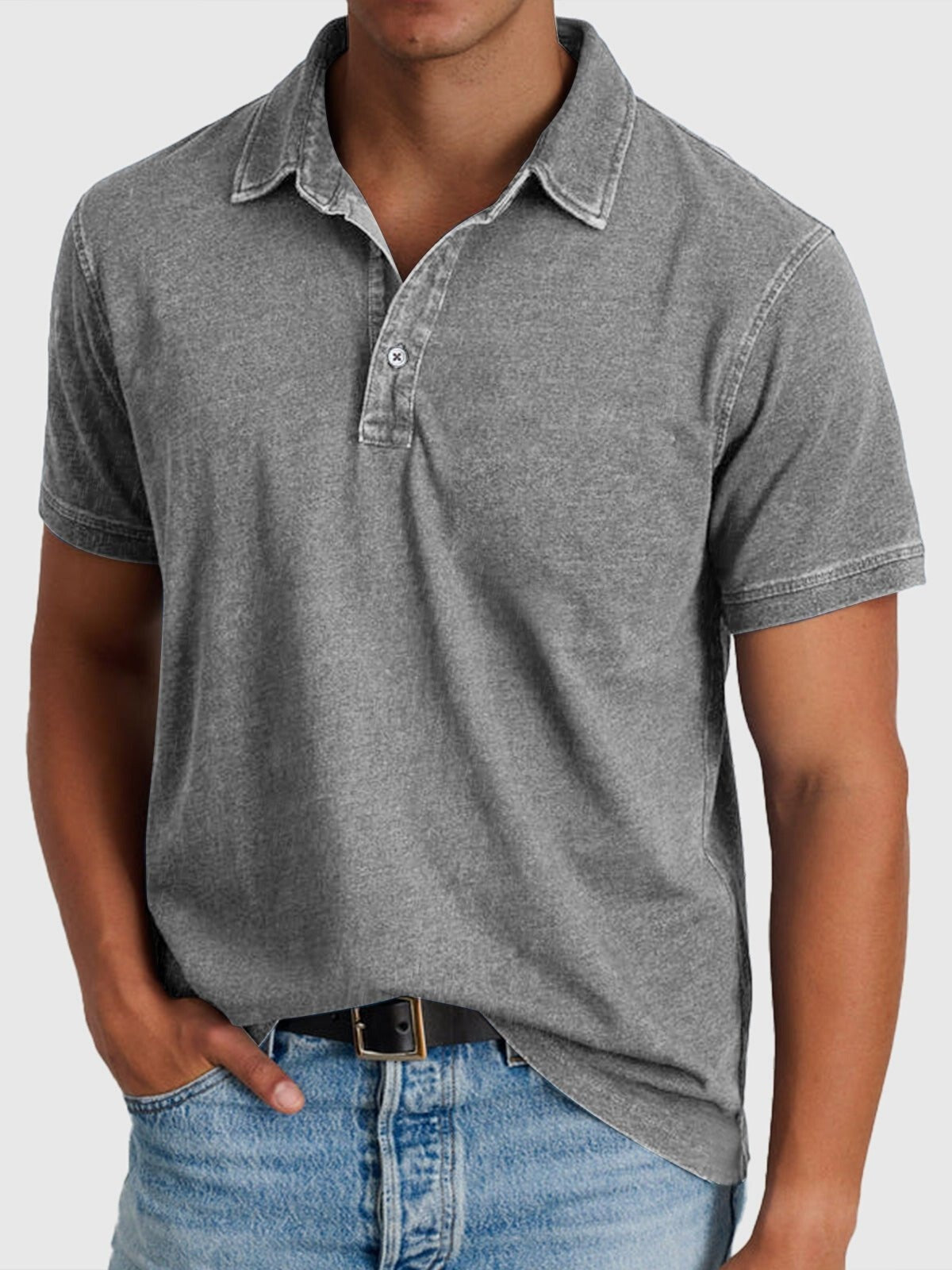 Men's Denim Shirt | Polo Collar Short Sleeve Button Closure
