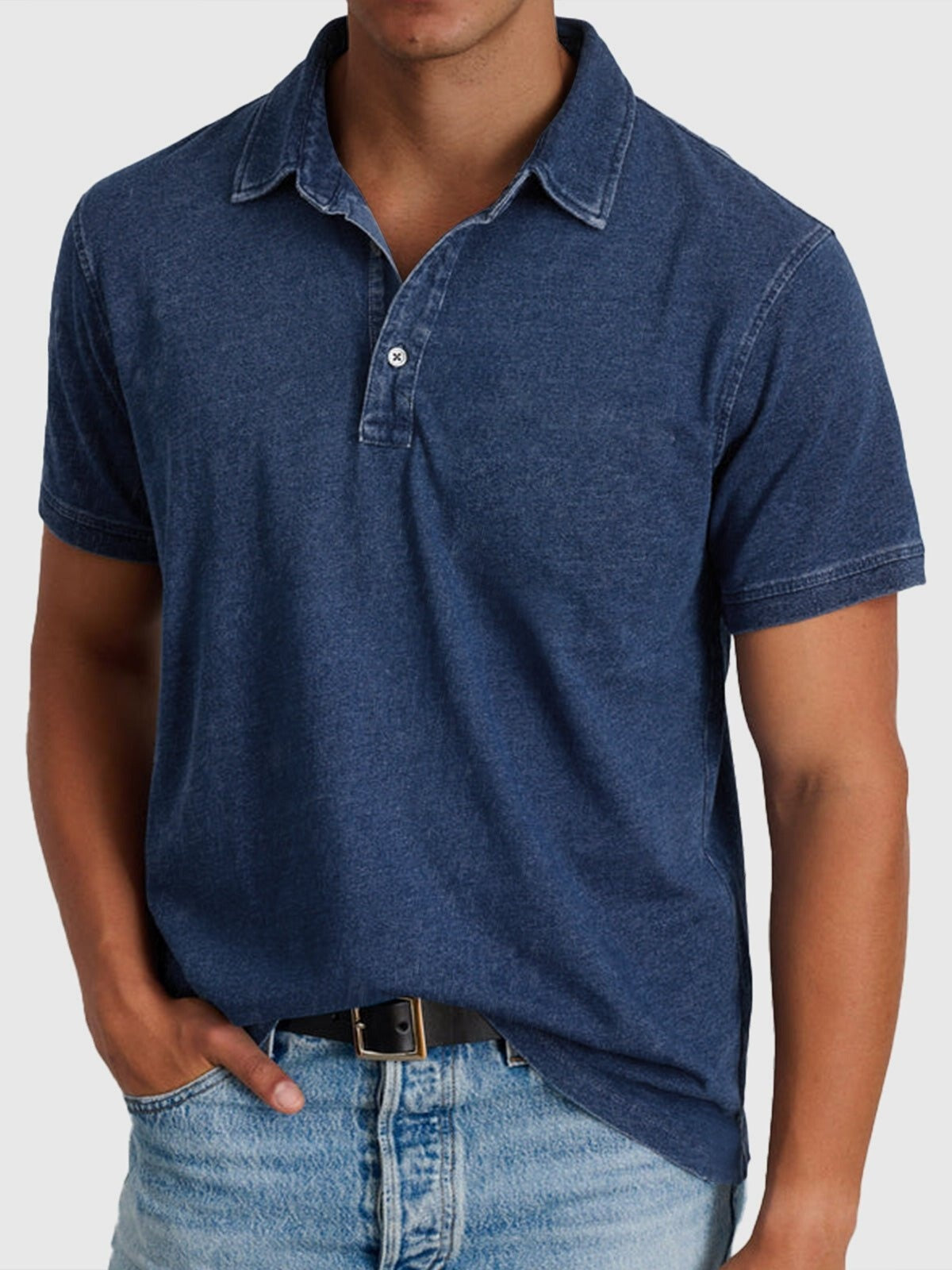 Men's Denim Shirt | Polo Collar Short Sleeve Button Closure