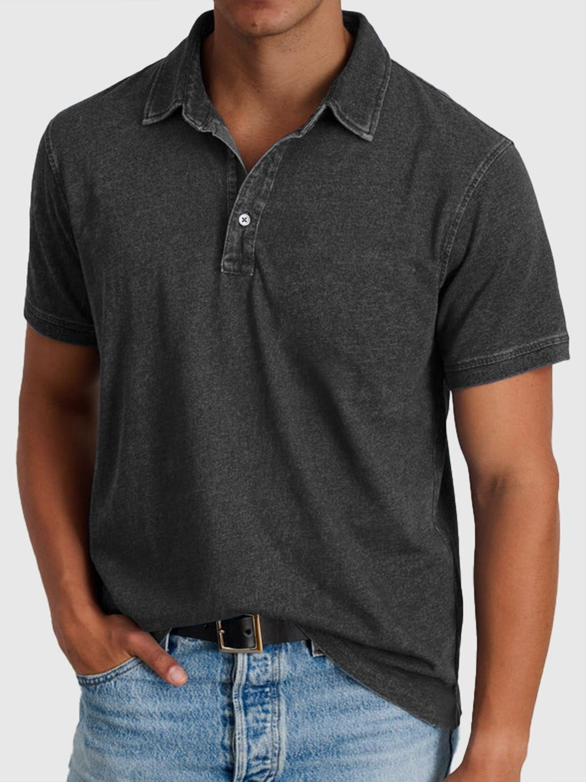 Men's Denim Shirt | Polo Collar Short Sleeve Button Closure
