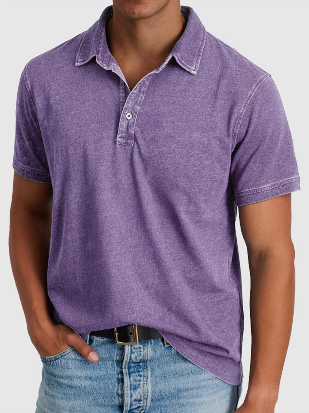 Men's Denim Shirt | Polo Collar Short Sleeve Button Closure