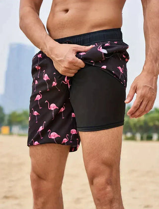 Men's Beach Shorts | Tropical Print Drawstring Pocket