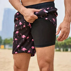 Men's Long Surf Shorts | Tropical Print Quick Dry Drawstring