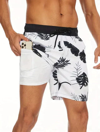 Men's Beach Shorts | Tropical Print Drawstring Pocket