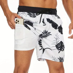 Men's Long Surf Shorts | Tropical Print Quick Dry Drawstring