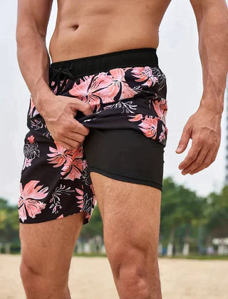 Men's Beach Shorts | Tropical Print Drawstring Pocket