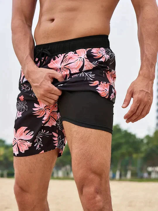 Men's Beach Shorts | Tropical Print Drawstring Pocket