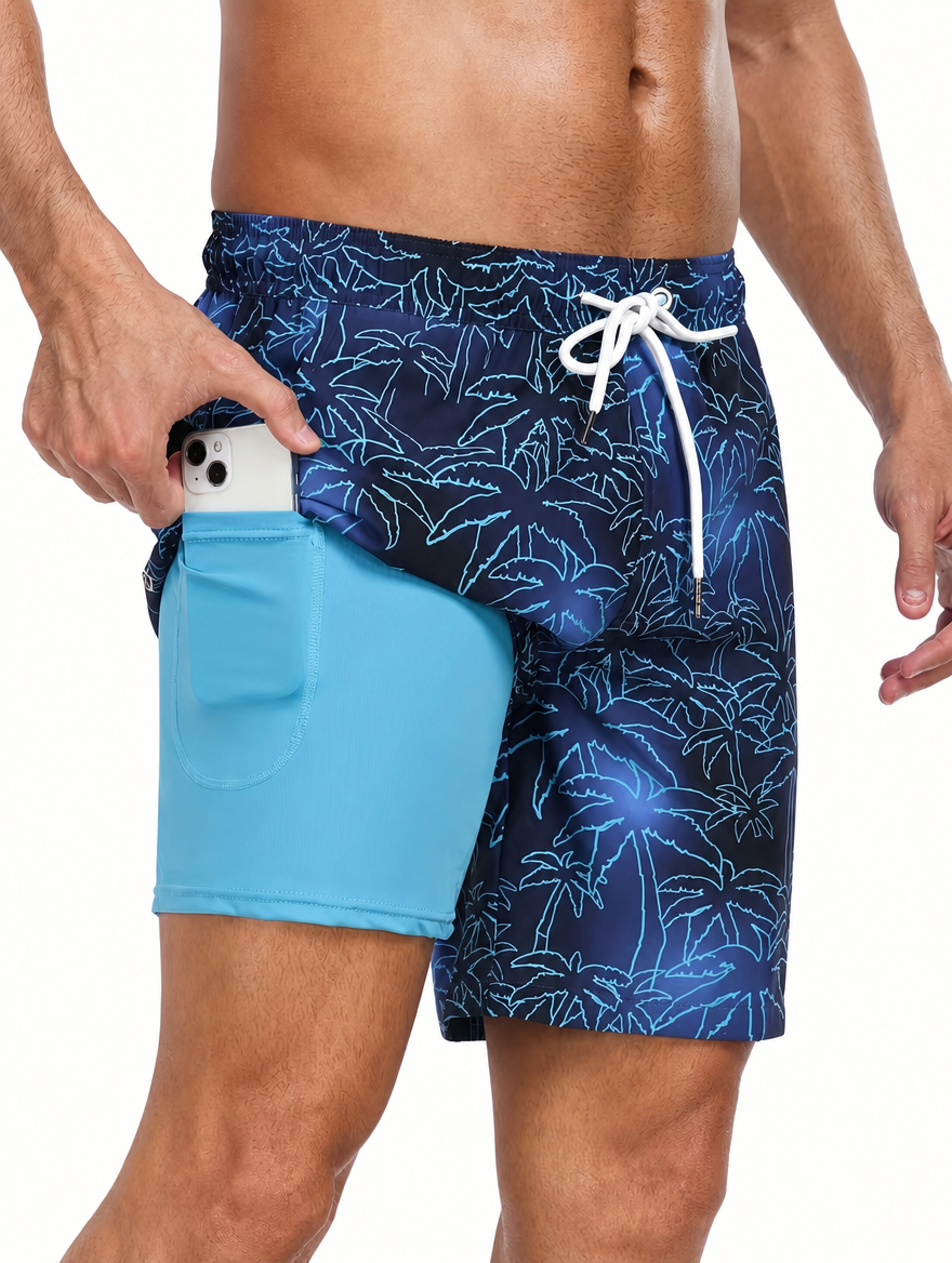 Men's Long Surf Shorts | Tropical Print Quick Dry Drawstring