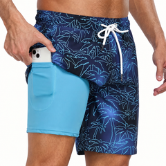 Men's Beach Shorts | Tropical Print Drawstring Pocket