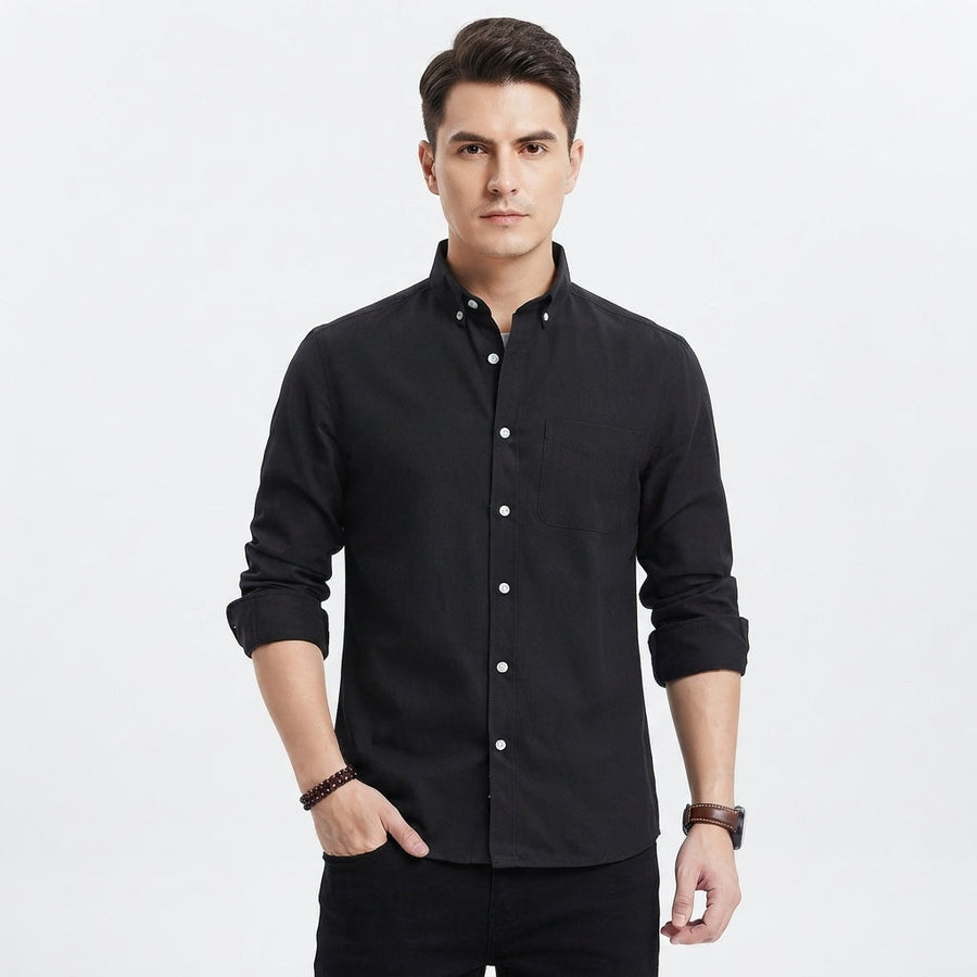 Men's Black Shirt | Slim Fit Button Collar Long Sleeve