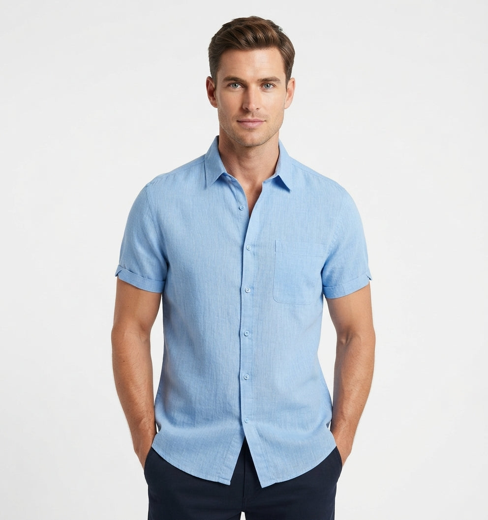 Men's Linen Shirt | Short Sleeve Collar Button Closure