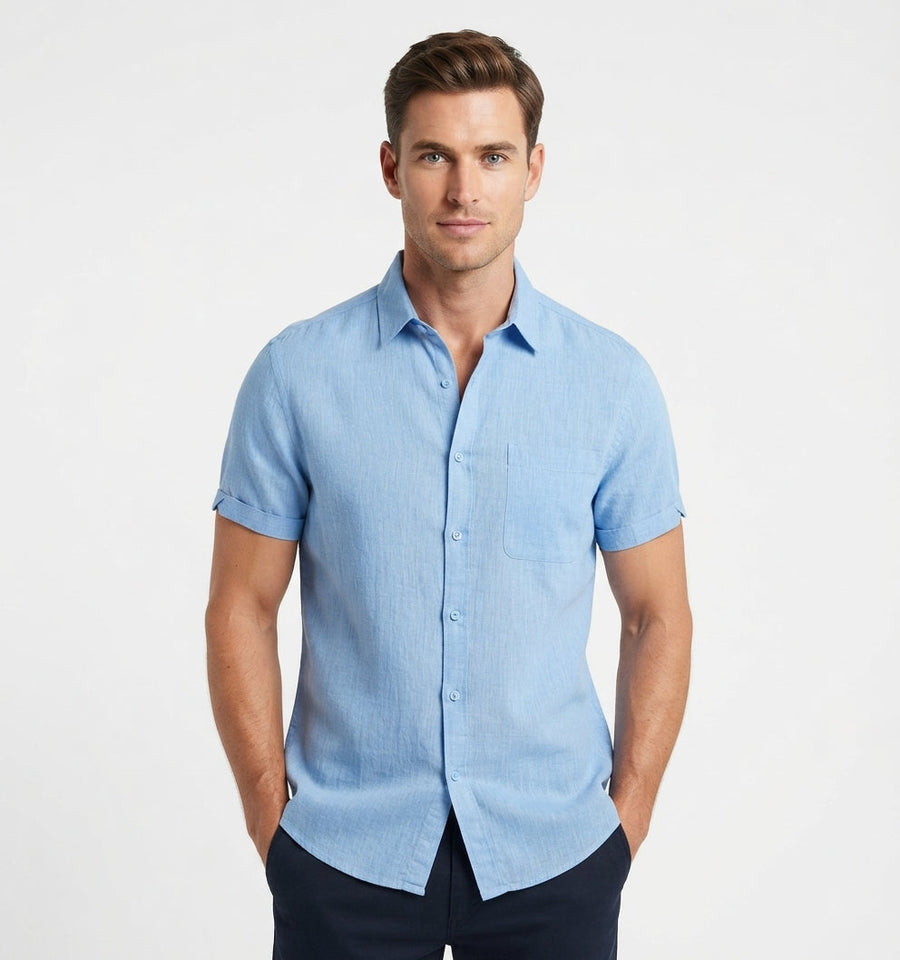 Men's Linen Shirt | Short Sleeve Collar Button Closure