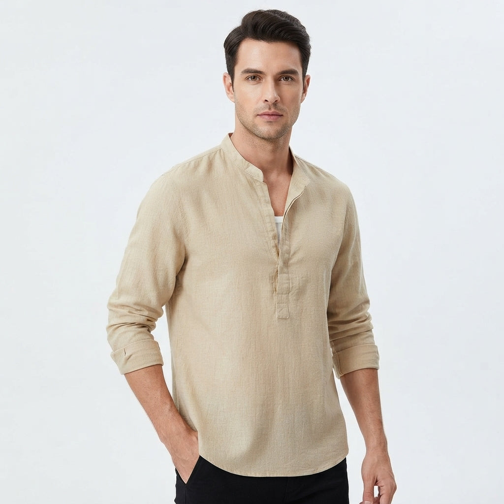 Men's Linen Shirt | Band Collar Long Sleeve