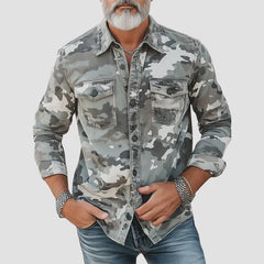 Men's Denim Shirt | Camouflage Print Button Down Long Sleeve