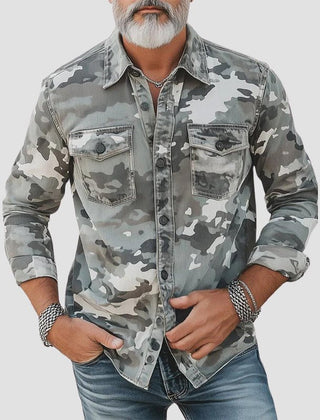 Men's Denim Shirt | Camouflage Print Button Down Long Sleeve