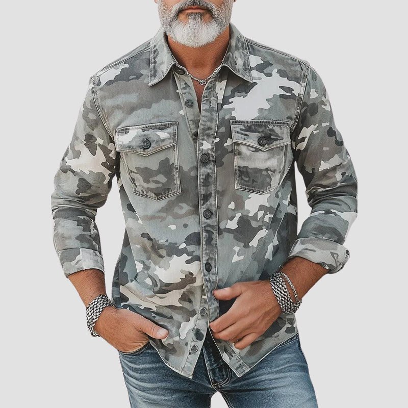 Men's Denim Shirt | Camouflage Print Button Down Long Sleeve
