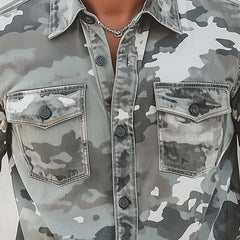 Men's Denim Shirt | Camouflage Print Button Down Long Sleeve