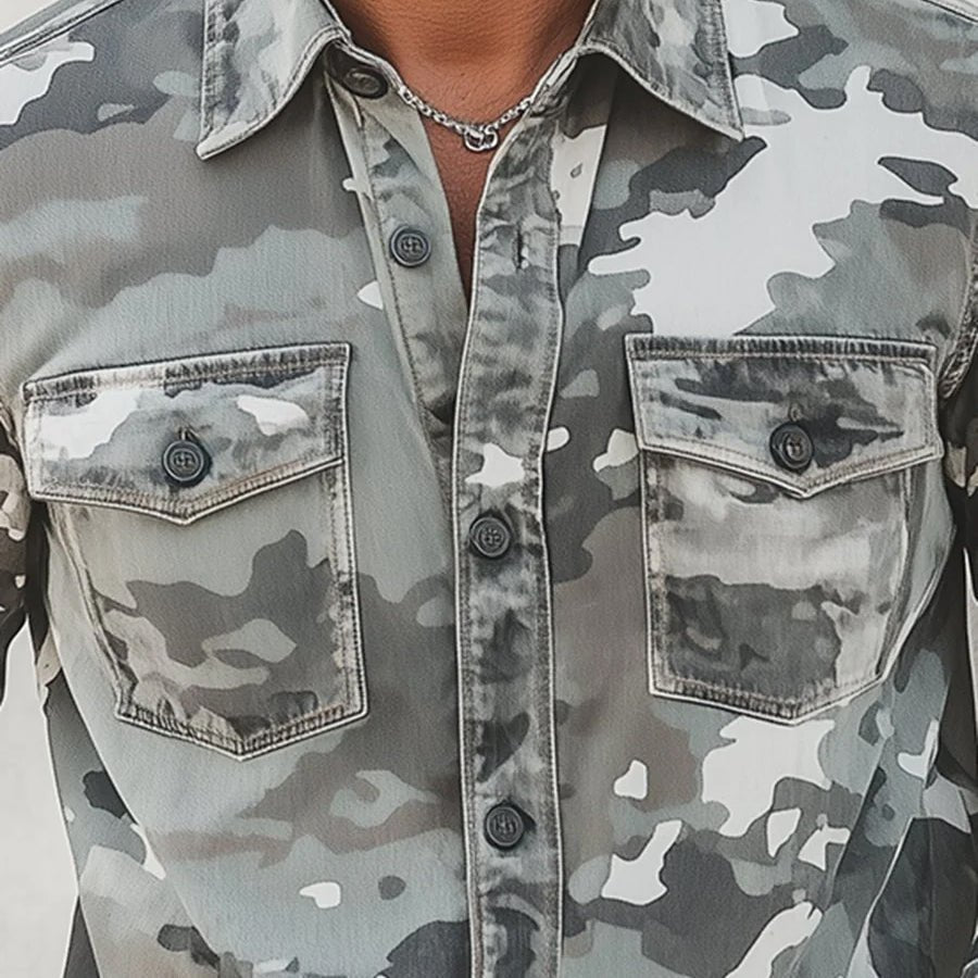 Men's Denim Shirt | Camouflage Print Button Down Long Sleeve