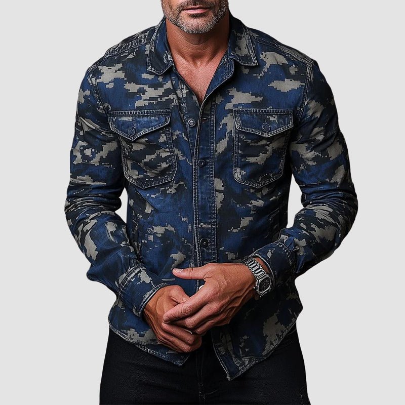 Men's Denim Shirt | Camouflage Print Button Down Long Sleeve