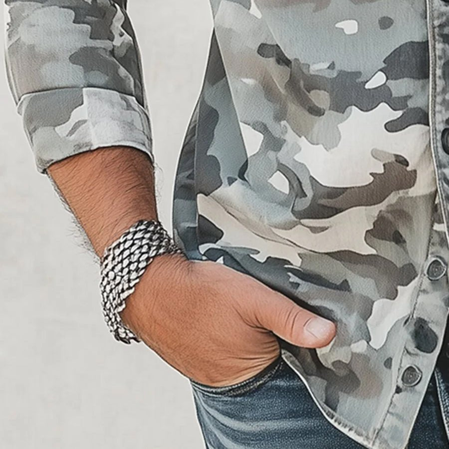 Men's Denim Shirt | Camouflage Print Button Down Long Sleeve