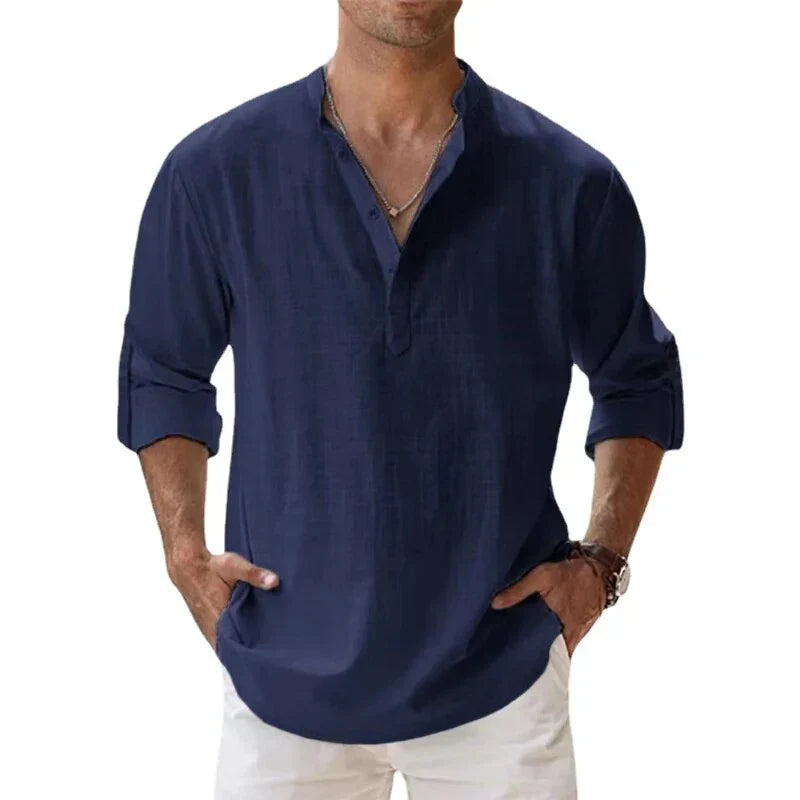Men's Henley | Long Sleeve Linen Relaxed Fit V-Neck