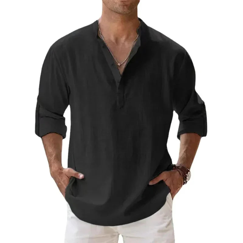 Men's Henley | Long Sleeve Linen Relaxed Fit V-Neck