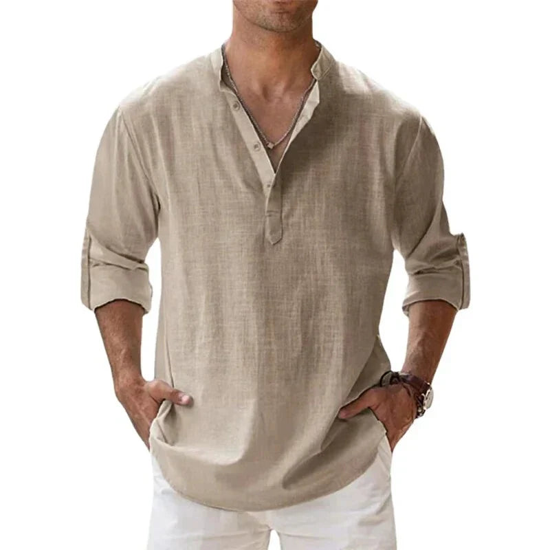 Men's Henley | Long Sleeve Linen Relaxed Fit V-Neck